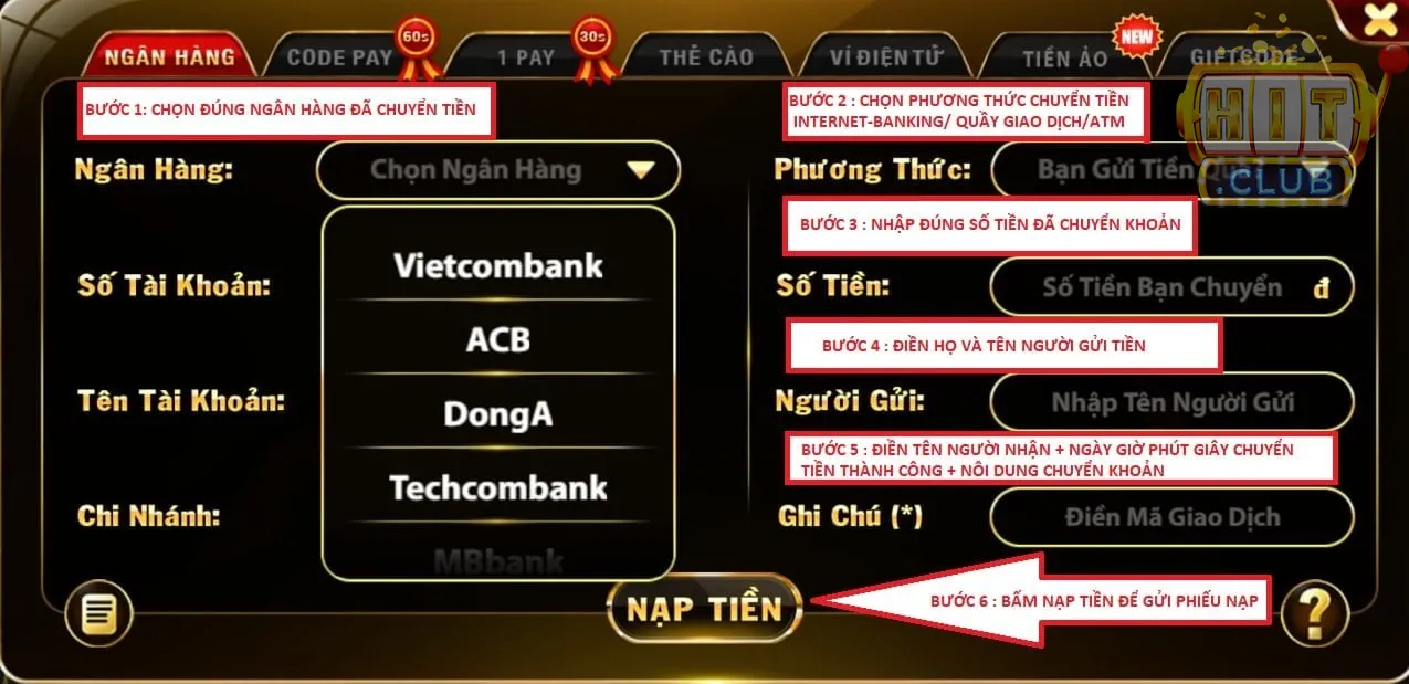 Hướng dẫn người chơi nạp tiền vào cổng game Hitclub